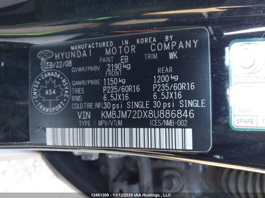2008 Hyundai Tucson Gl V6/Limited VIN: KM8JM72DX8U886846 Lot: 12451300