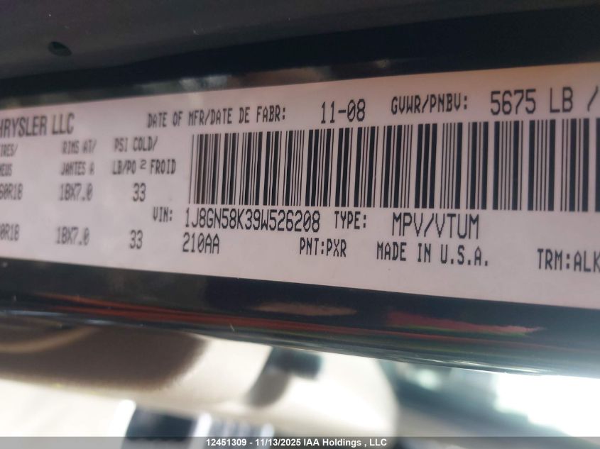 2009 Jeep Liberty Limited VIN: 1J8GN58K39W526208 Lot: 12451309