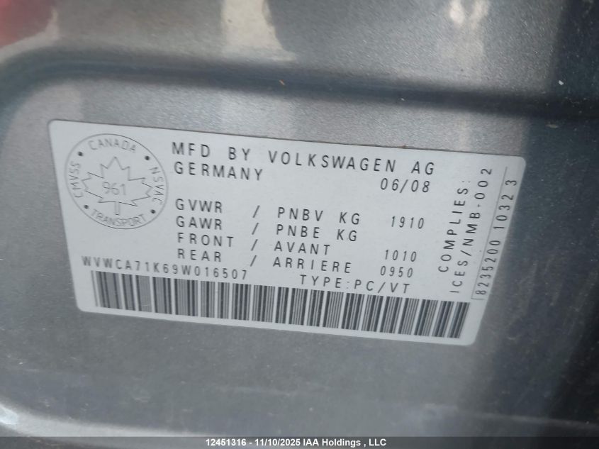 2009 Volkswagen Rabbit VIN: WVWCA71K69W016507 Lot: 12451316