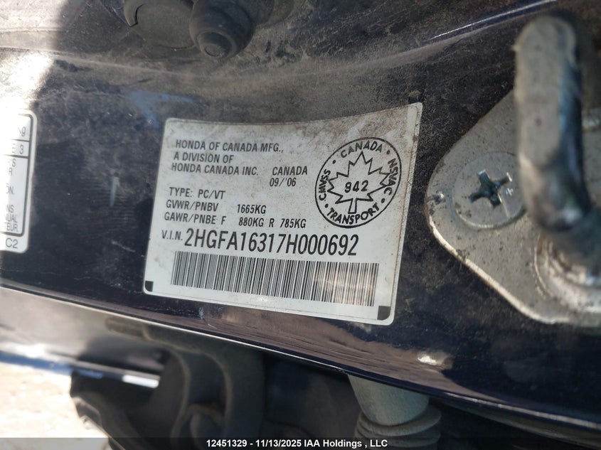 2HGFA16317H000692 2007 HONDA CIVIC photo no. 9