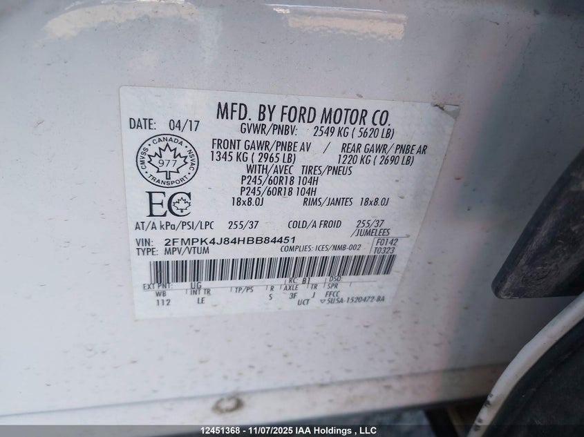 2FMPK4J84HBB84451 2017 FORD EDGE photo no. 9