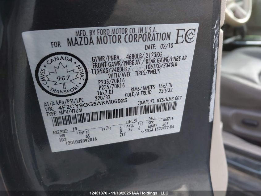 2010 Mazda Tribute S VIN: 4F2CY9GG5AKM06925 Lot: 12451370