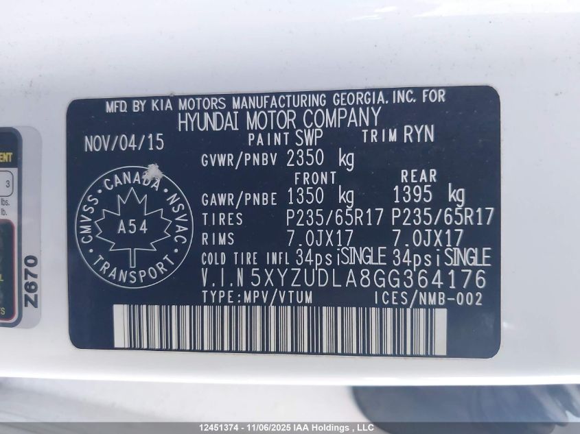 2016 Hyundai Santa Fe Sport 2.0T Premium Adventure Edition VIN: 5XYZUDLA8GG364176 Lot: 12451374