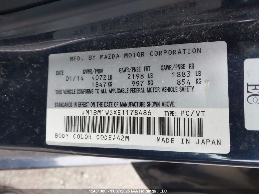 2014 Mazda Mazda3 Gt-Sky VIN: JM1BM1W3XE1178486 Lot: 12451380