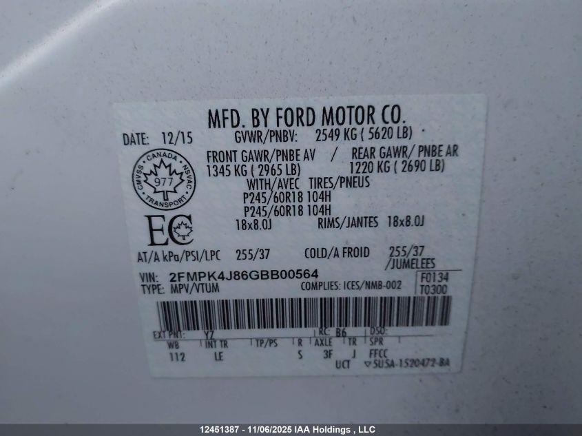 2016 Ford Edge Sel VIN: 2FMPK4J86GBB00564 Lot: 12451387