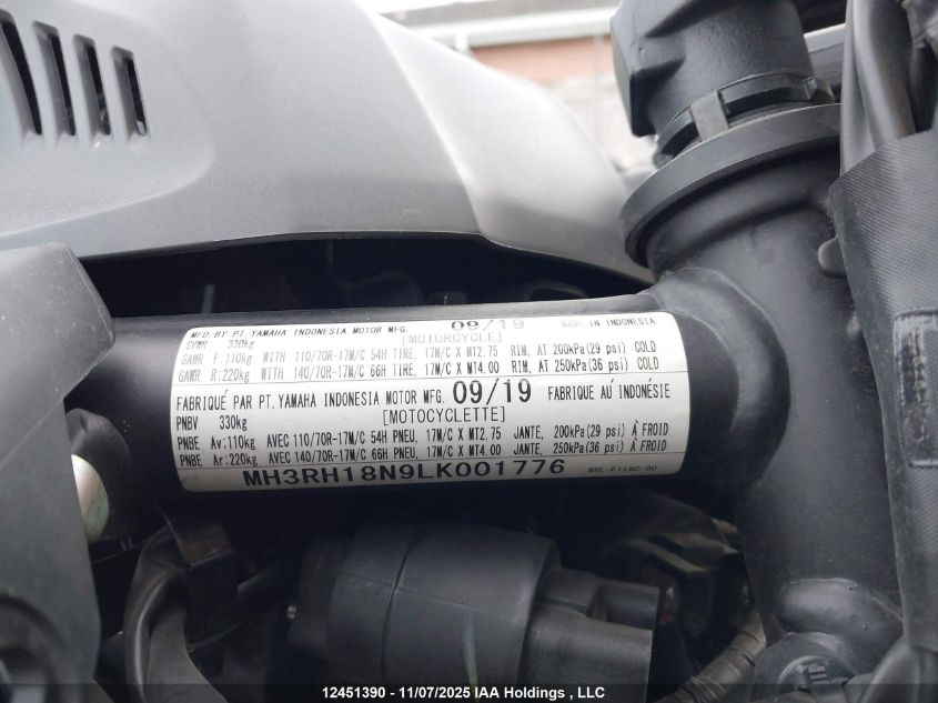 2020 Yamaha Yzfr3 A VIN: MH3RH18N9LK001776 Lot: 12451390