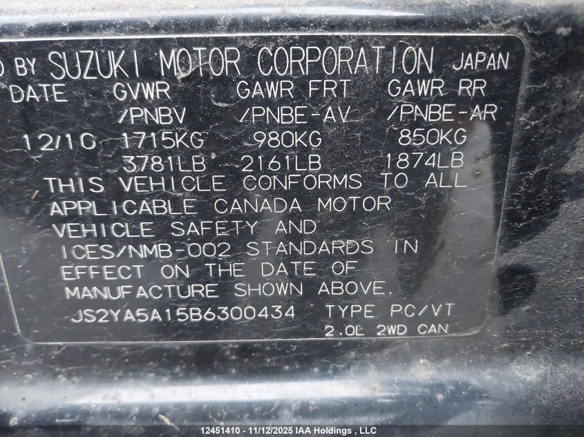 2011 Suzuki Sx4 Ja VIN: JS2YA5A15B6300434 Lot: 12451410