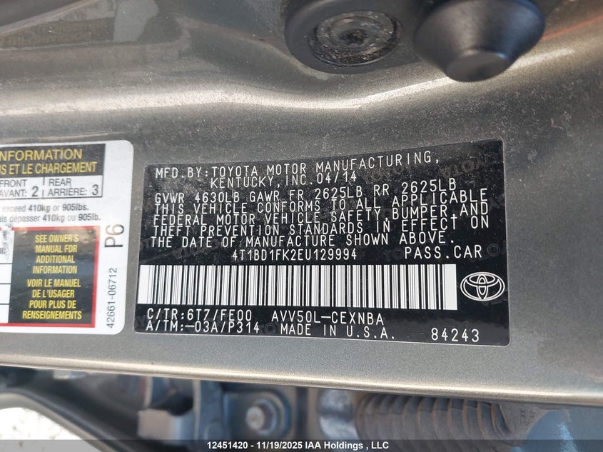 4T1BD1FK2EU129994 2014 TOYOTA CAMRY photo no. 9