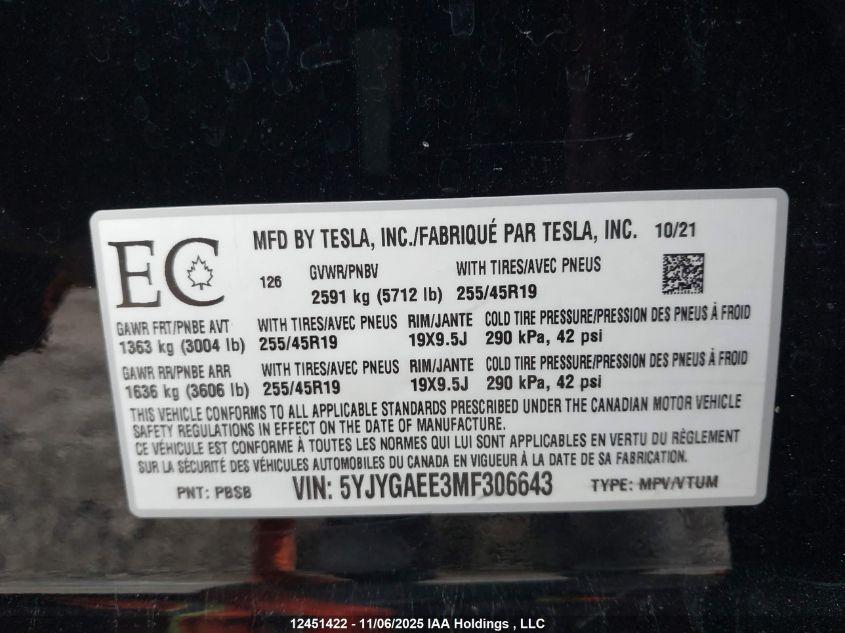 2021 Tesla Model Y VIN: 5YJYGAEE3MF306643 Lot: 12451422
