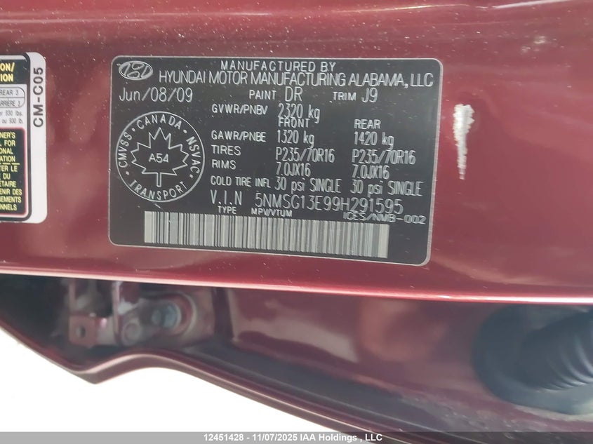 5NMSG13E99H291595 2009 HYUNDAI SANTA FE photo no. 18