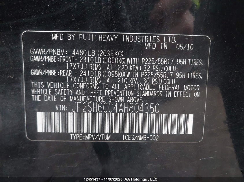 JF2SH6CC4AH804350 2010 SUBARU FORESTER photo no. 9