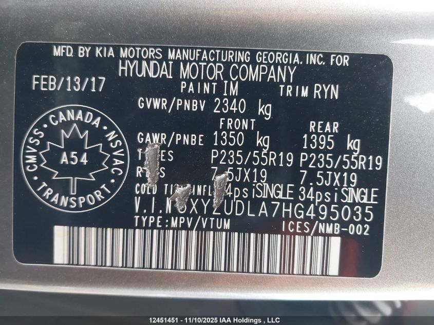 2017 Hyundai Santa Fe Sport VIN: 5XYZUDLA7HG495035 Lot: 12451451