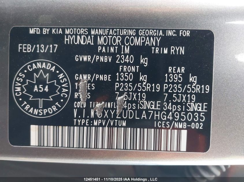 2017 Hyundai Santa Fe Sport VIN: 5XYZUDLA7HG495035 Lot: 12451451