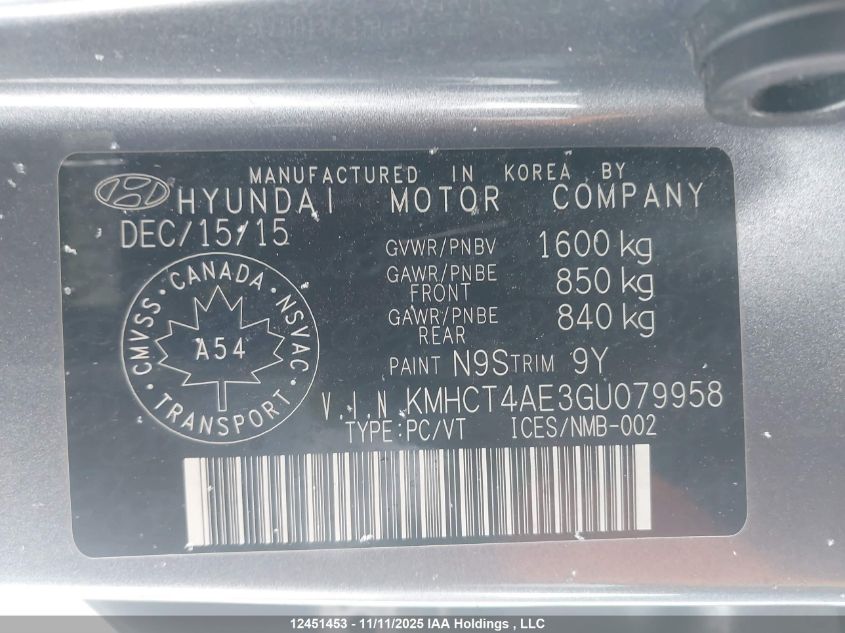 2016 Hyundai Accent VIN: KMHCT4AE3GU079958 Lot: 12451453