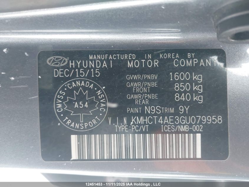 2016 Hyundai Accent VIN: KMHCT4AE3GU079958 Lot: 12451453