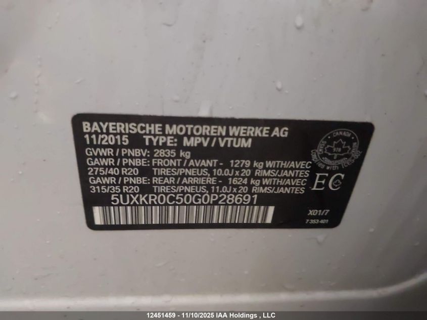 2016 BMW X5 xDrive35I VIN: 5UXKR0C50G0P28691 Lot: 12451459