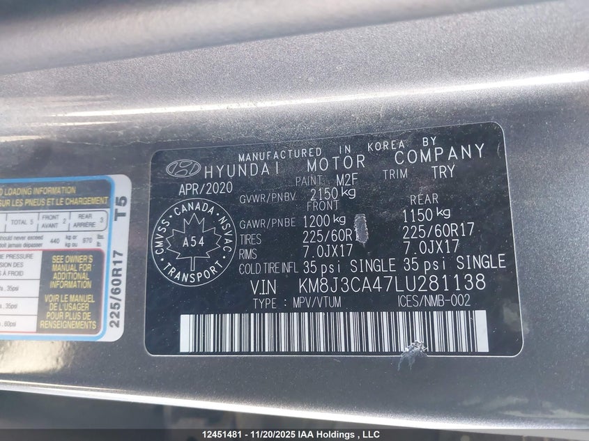 KM8J3CA47LU281138 2020 HYUNDAI TUCSON photo no. 9