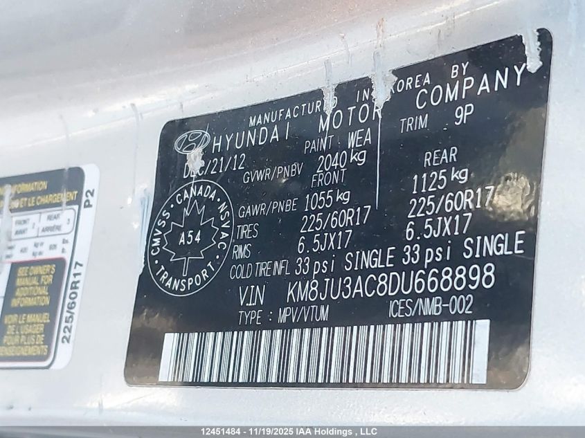 2013 Hyundai Tucson VIN: KM8JU3AC8DU668898 Lot: 12451484