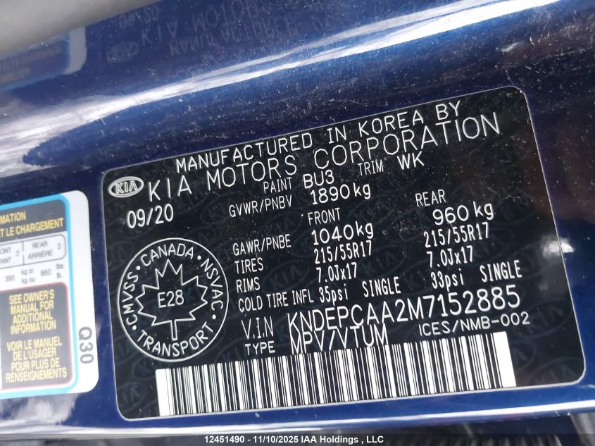 2021 Kia Seltos Lx VIN: KNDEPCAA2M7152885 Lot: 12451490