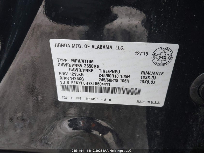 5FNYF6H73LB504411 2020 HONDA PILOT photo no. 9
