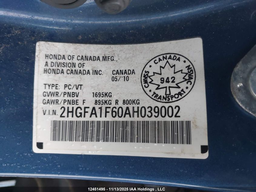 2010 Honda Civic Sport VIN: 2HGFA1F60AH039002 Lot: 12451495