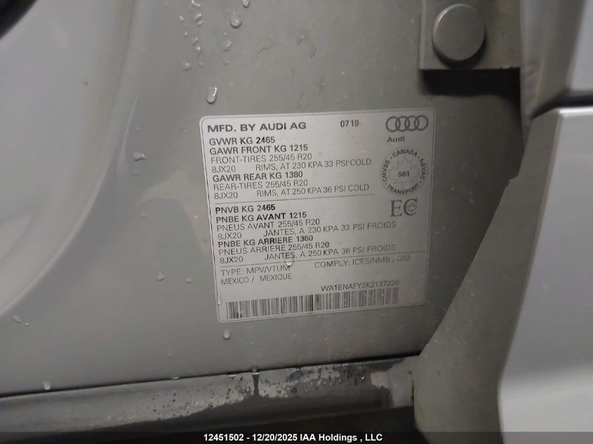 2019 Audi Q5 Progressiv S-Line VIN: WA1ENAFY2K2137226 Lot: 12451502