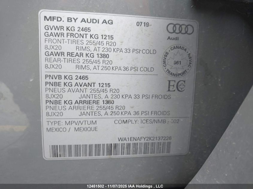 2019 Audi Q5 Progressiv S-Line VIN: WA1ENAFY2K2137226 Lot: 12451502