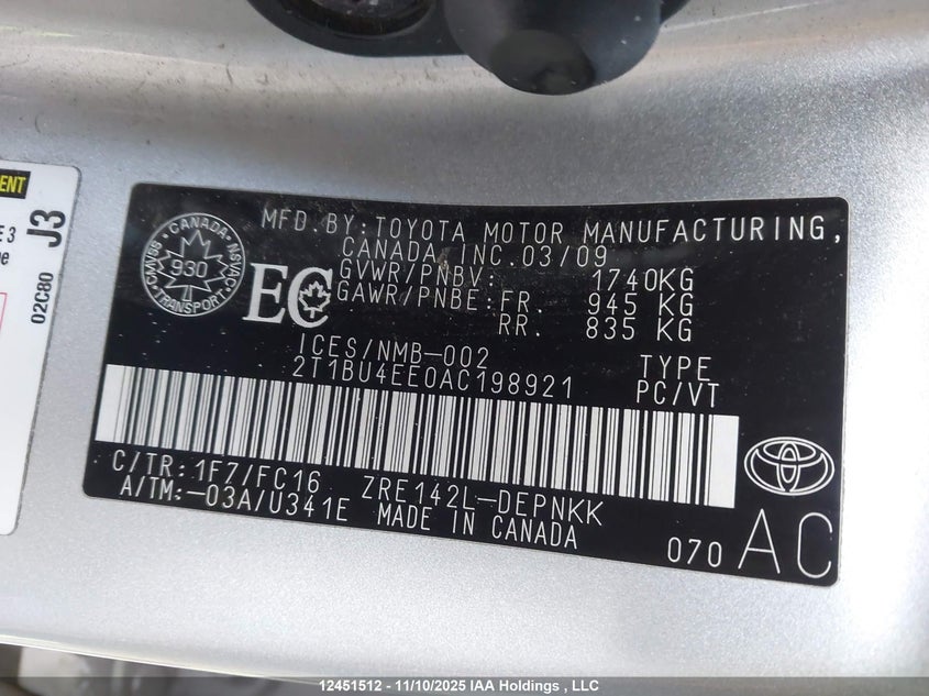 2T1BU4EE0AC198921 2010 TOYOTA COROLLA photo no. 9