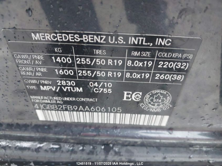 2010 Mercedes-Benz Ml 350 Bluetec 4Matic VIN: 4JGBB2FB9AA606105 Lot: 12451519