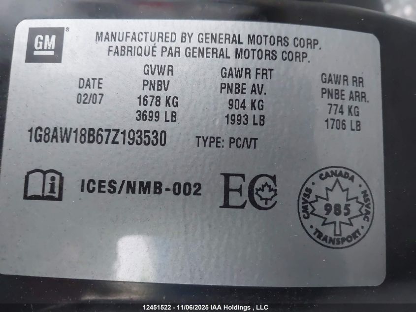 2007 Saturn Ion 3 Uplevel VIN: 1G8AW18B67Z193530 Lot: 12451522