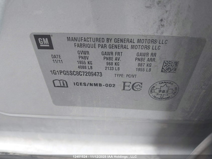 1G1PG5SC8C7209473 2012 CHEVROLET CRUZE photo no. 9