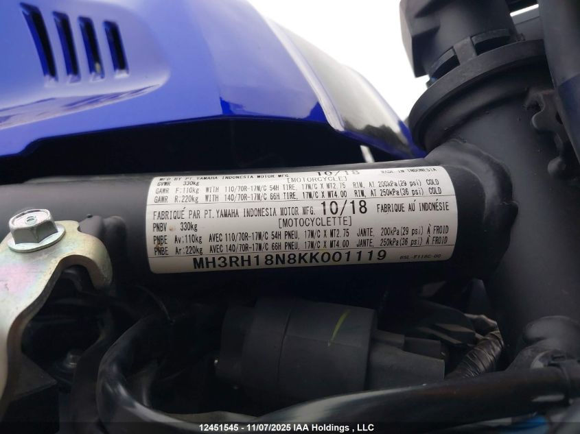 2019 Yamaha Yzfr3 A VIN: MH3RH18N8KK001119 Lot: 12451545