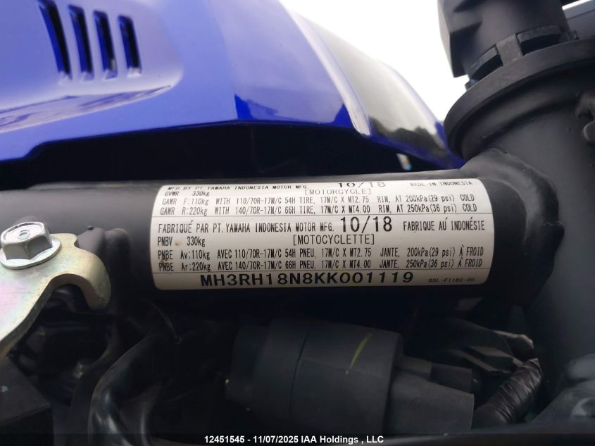 2019 Yamaha Yzfr3 A VIN: MH3RH18N8KK001119 Lot: 12451545