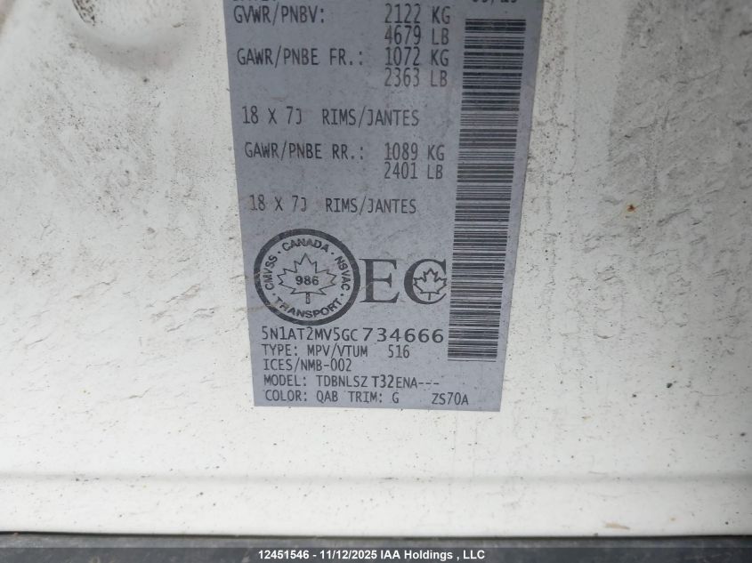 2016 Nissan Rogue S/Sl Premium/Sv VIN: 5N1AT2MV5GC734666 Lot: 12451546