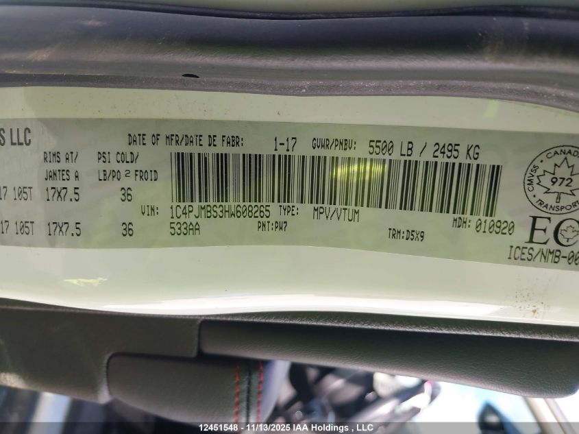 2017 Jeep Cherokee Trailhawk VIN: 1C4PJMBS3HW608265 Lot: 12451548