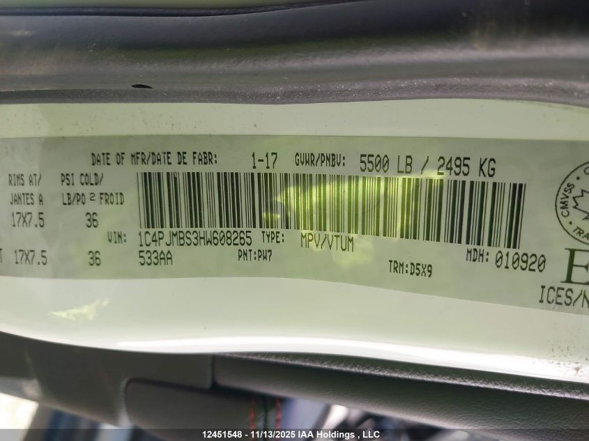 2017 Jeep Cherokee Trailhawk VIN: 1C4PJMBS3HW608265 Lot: 12451548