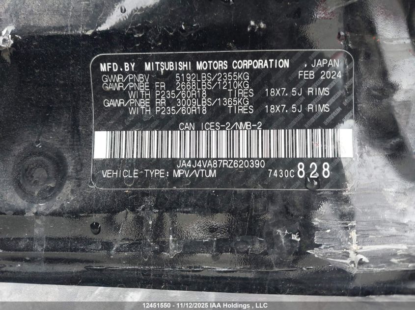 2024 Mitsubishi Outlander Le/Se/Sel VIN: JA4J4VA87RZ620390 Lot: 12451550
