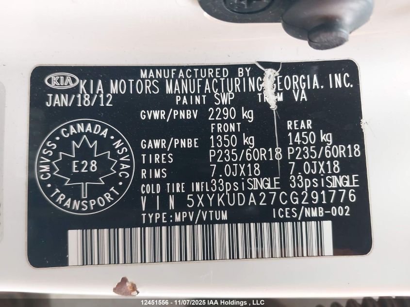 2012 Kia Sorento Ex VIN: 5XYKUDA27CG291776 Lot: 12451556