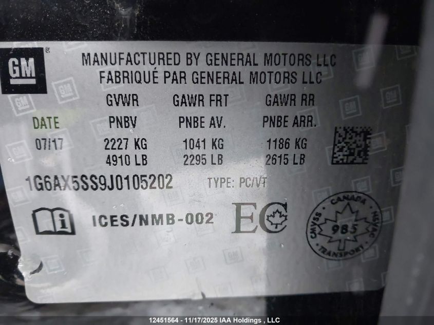 2018 Cadillac Cts Luxury VIN: 1G6AX5SS9J0105202 Lot: 12451564