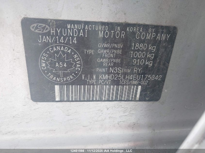 2014 Hyundai Elantra VIN: KMHD25LH4EU175342 Lot: 12451566