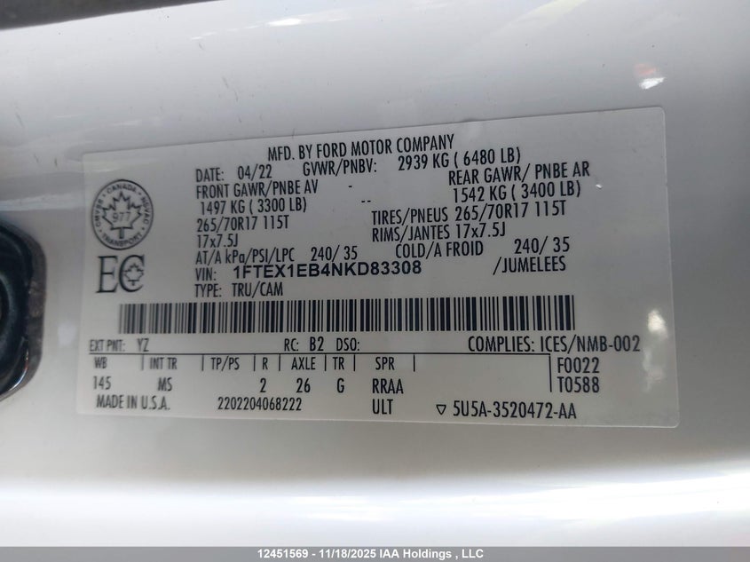 2022 Ford F150 Super Cab VIN: 1FTEX1EB4NKD83308 Lot: 12451569