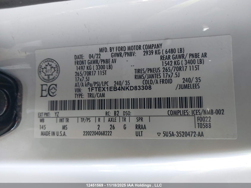 2022 Ford F150 Super Cab VIN: 1FTEX1EB4NKD83308 Lot: 12451569