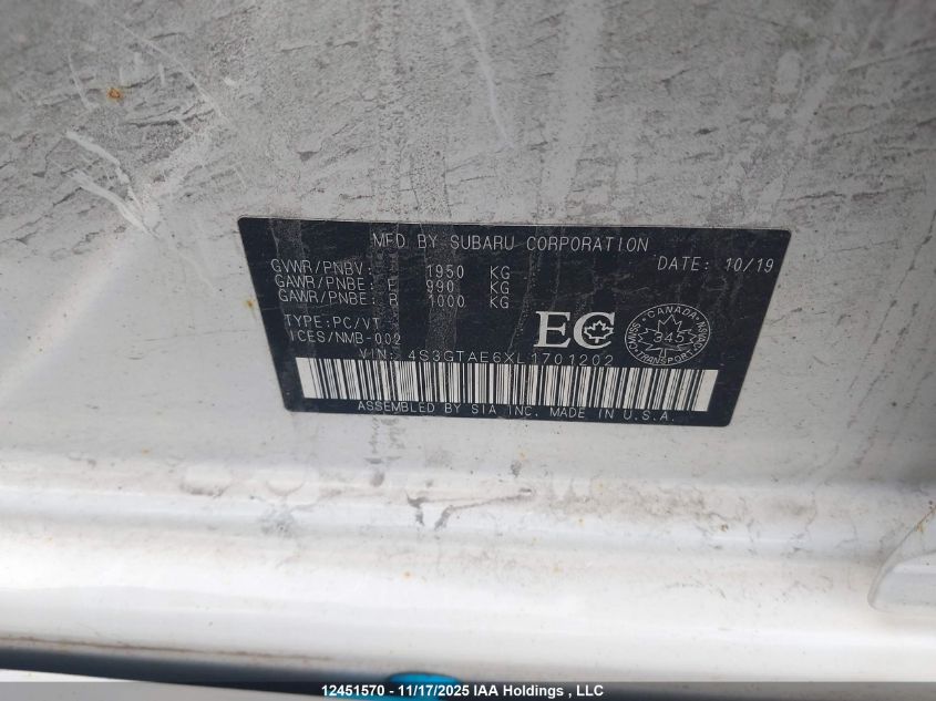 2020 Subaru Impreza Sport VIN: 4S3GTAE6XL1701202 Lot: 12451570