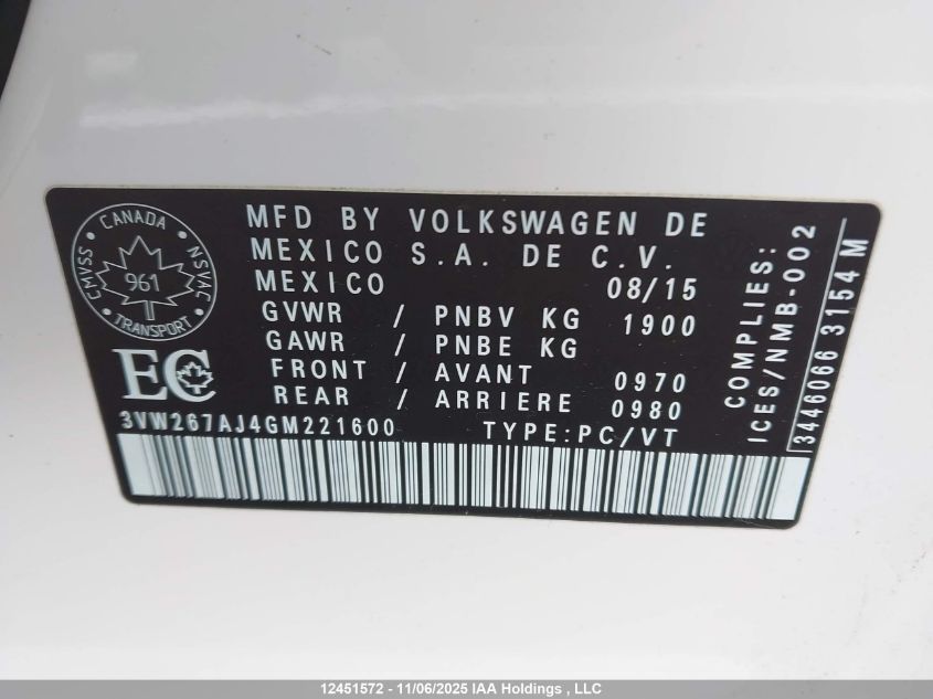 2016 Volkswagen Jetta S VIN: 3VW267AJ4GM221600 Lot: 12451572