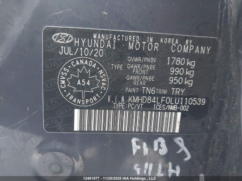 2020 Hyundai Elantra VIN: KMHD84LF0LU110539 Lot: 12451577