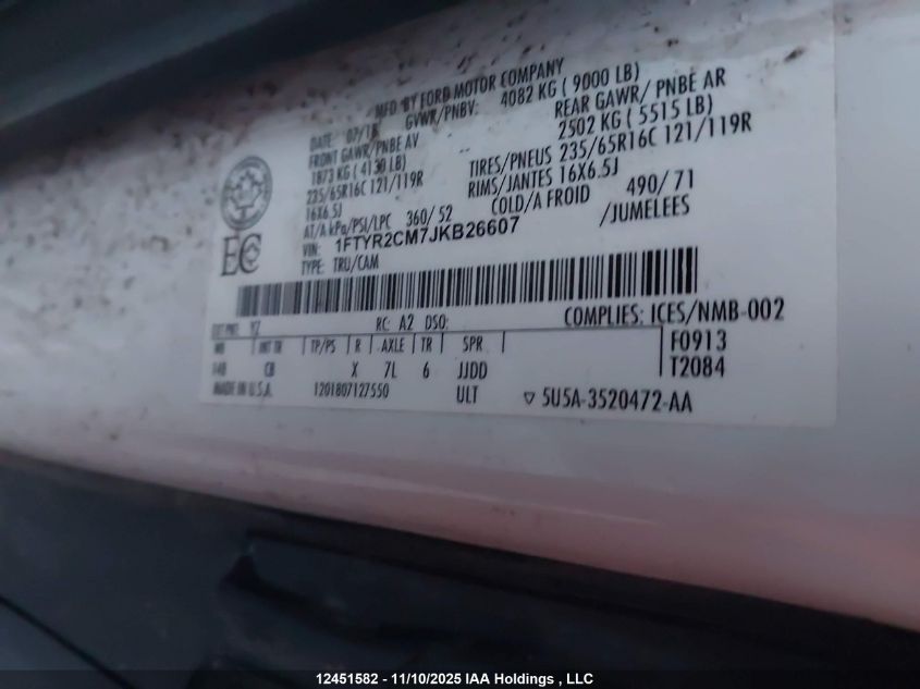 2018 Ford Transit-250 VIN: 1FTYR2CM7JKB26607 Lot: 12451582