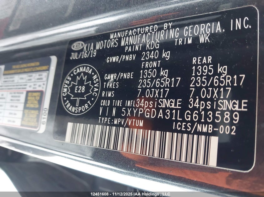 5XYPGDA31LG613589 2020 KIA SORENTO photo no. 9