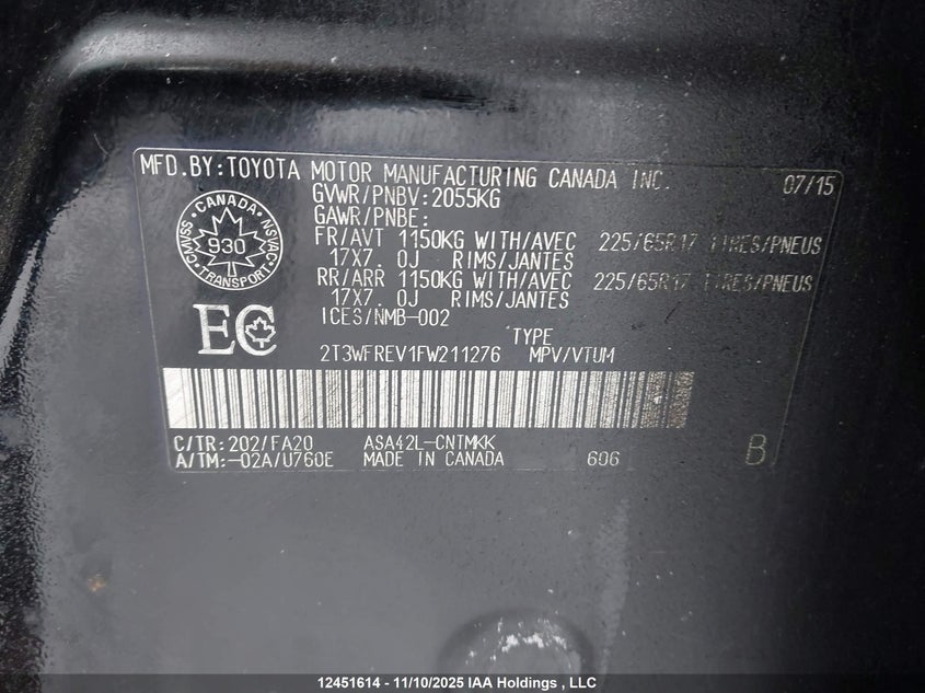 2T3WFREV1FW211276 2015 TOYOTA RAV 4 photo no. 9