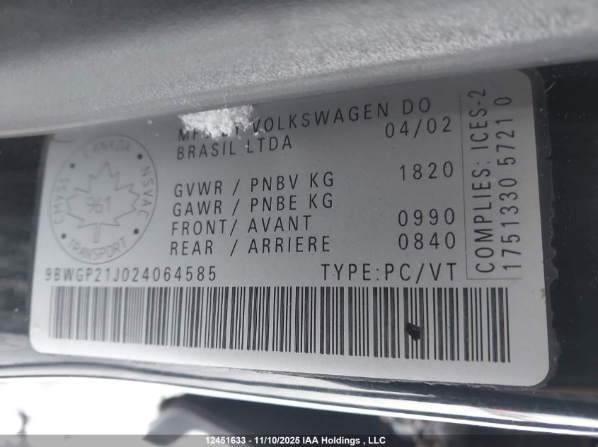 2002 Volkswagen Golf VIN: 9BWGP21J024064585 Lot: 12451633