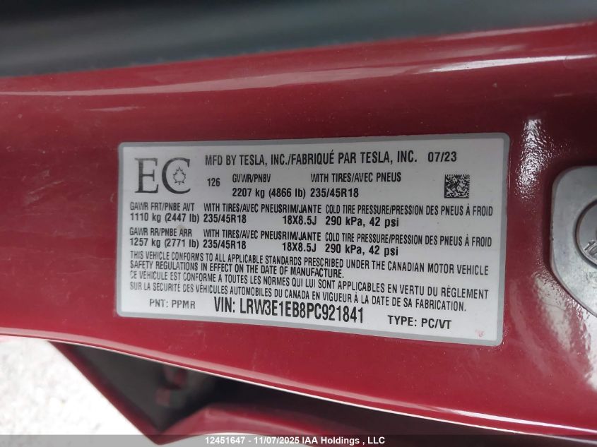 2023 Tesla Model 3 VIN: LRW3E1EB8PC921841 Lot: 12451647